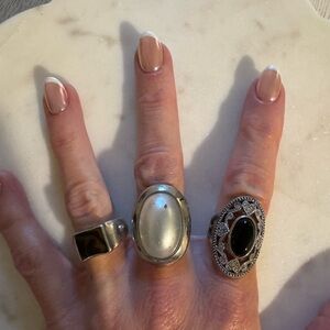 Silver, Black, and pearl Statement Rings Set